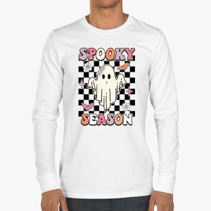 Groovy Spooky Season Cute Ghost Holding Pumpkin Halloween Longsleeve Tee 3 1