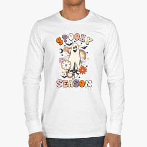 Groovy Spooky Season Cute Ghost Holding Pumpkin Halloween Longsleeve Tee 3