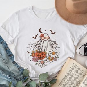 Halloween Shirt Designs Groovy Vintage Floral Ghost Cute Halloween Spooky Season T-Shirt