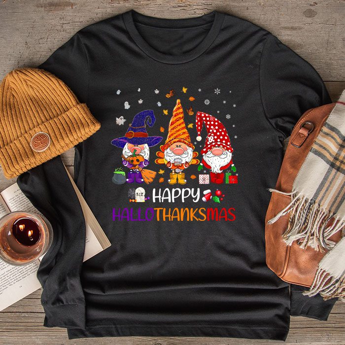 Happy Hallothanksmas Cute Gnomes Fall Halloween Women Girls Longsleeve Tee