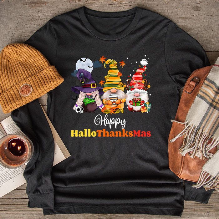 Happy Hallothanksmas Cute Gnomes Fall Halloween Women Girls Longsleeve Tee