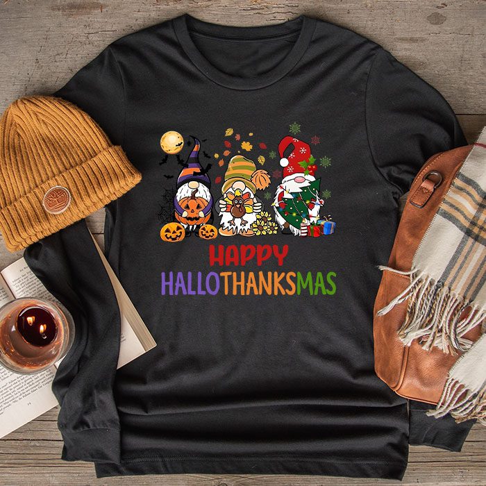 Happy Hallothanksmas Cute Gnomes Fall Halloween Women Girls Longsleeve Tee