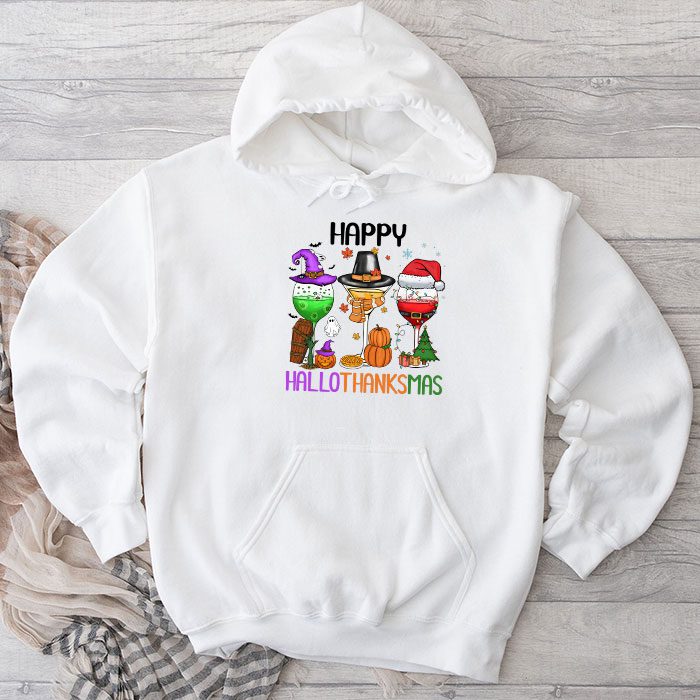 Happy Hallothanksmas Wine Glasses Witch Santa Hat Pumpkin Hoodie