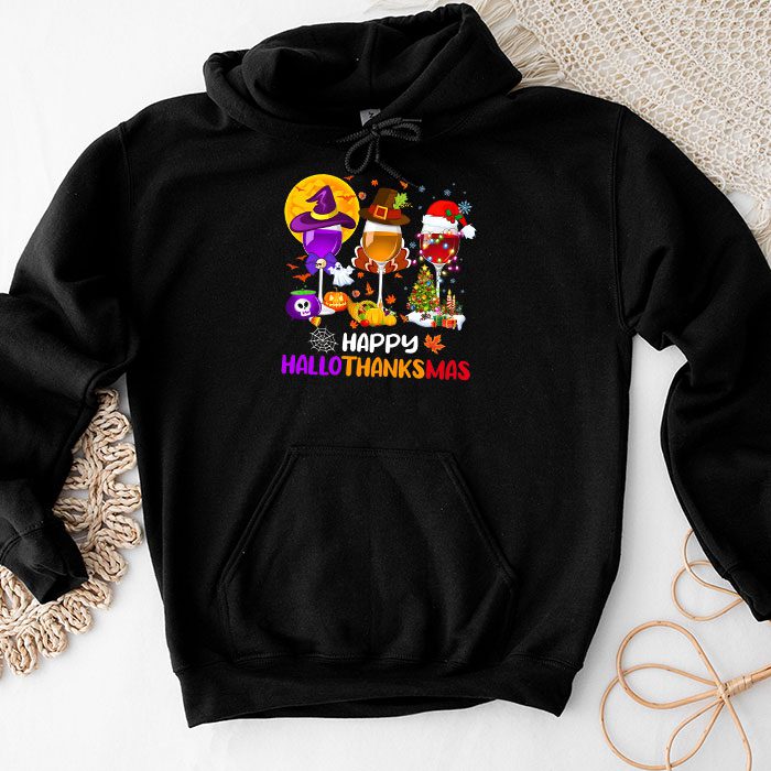 Happy Hallothanksmas Wine Glasses Witch Santa Hat Pumpkin Hoodie