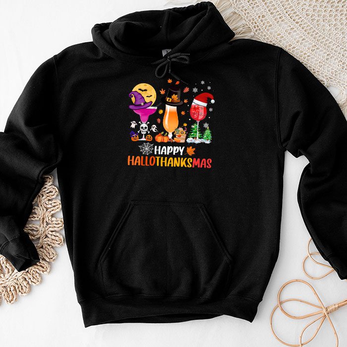 Happy Hallothanksmas Wine Glasses Witch Santa Hat Pumpkin Hoodie
