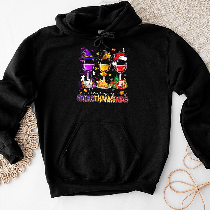 Happy Hallothanksmas Wine Glasses Witch Santa Hat Pumpkin Hoodie