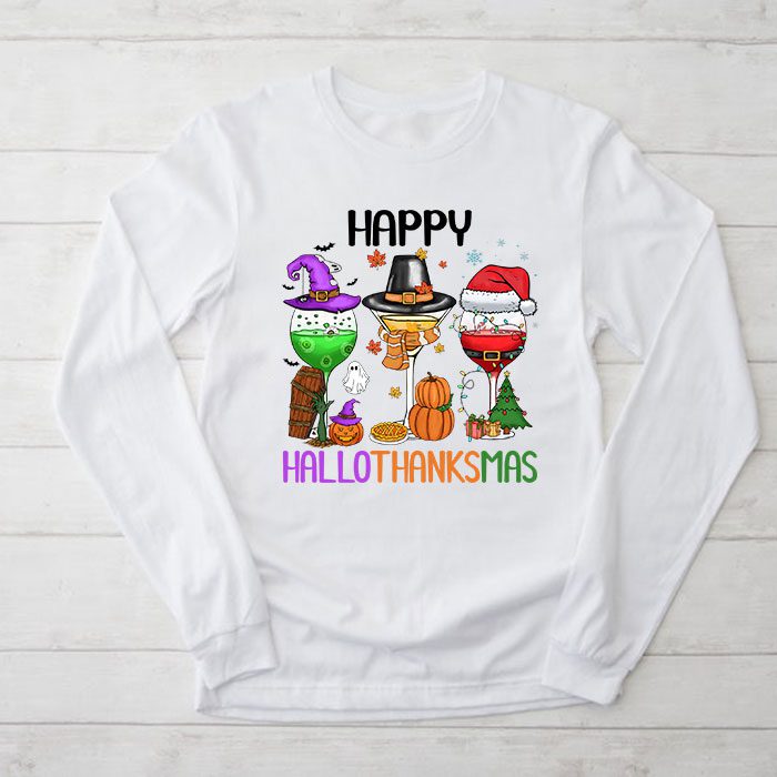 Happy Hallothanksmas Wine Glasses Witch Santa Hat Pumpkin Longsleeve Tee