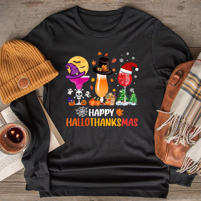 Happy Hallothanksmas Wine Glasses Witch Santa Hat Pumpkin Longsleeve Tee