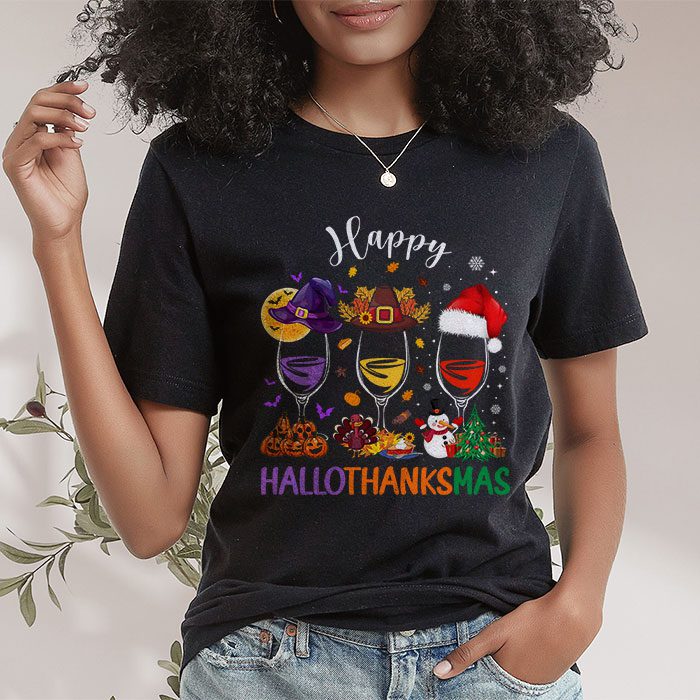 Happy-Hallothanksmas-Wine-Glasses-Witch-Santa-Hat-Pumpkin-T-Shirt-2 Happy Hallothanksmas Wine Glasses Witch Santa Hat Pumpkin T Shirt 2