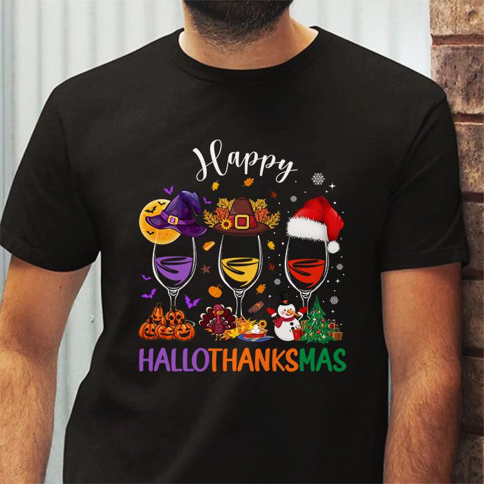 Happy-Hallothanksmas-Wine-Glasses-Witch-Santa-Hat-Pumpkin-T-Shirt-3 Happy Hallothanksmas Wine Glasses Witch Santa Hat Pumpkin T Shirt 3