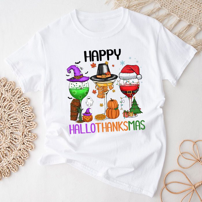 Happy Hallothanksmas Wine Glasses Witch Santa Hat Pumpkin T-Shirt
