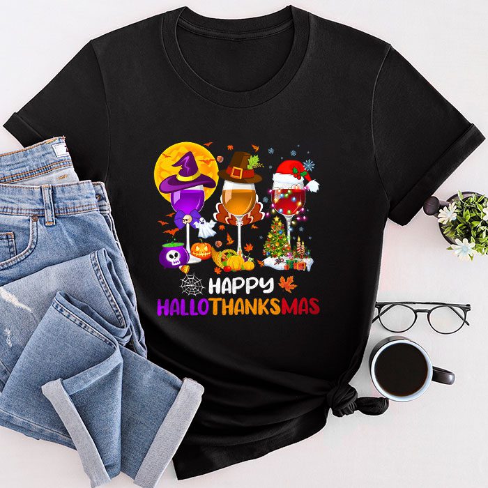 Happy Hallothanksmas Wine Glasses Witch Santa Hat Pumpkin T-Shirt
