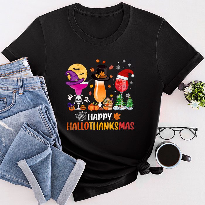Happy Hallothanksmas Wine Glasses Witch Santa Hat Pumpkin T-Shirt
