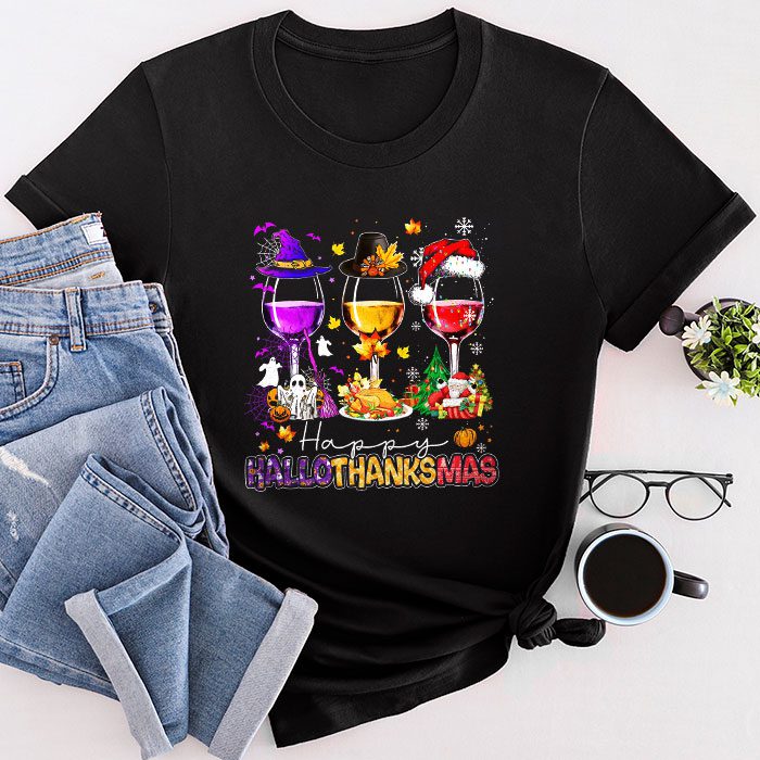Happy Hallothanksmas Wine Glasses Witch Santa Hat Pumpkin T-Shirt
