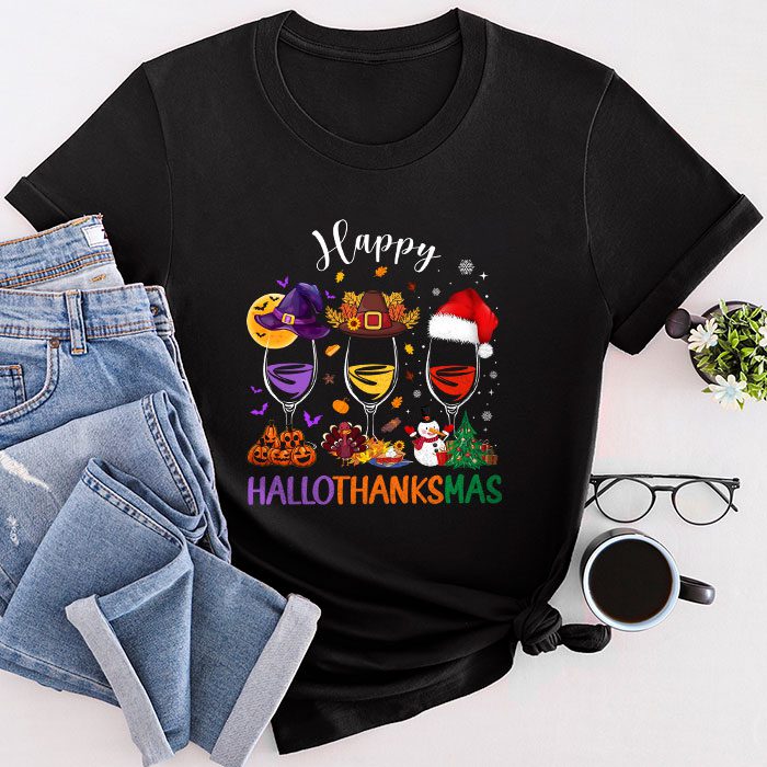 Happy Hallothanksmas Wine Glasses Witch Santa Hat Pumpkin T-Shirt