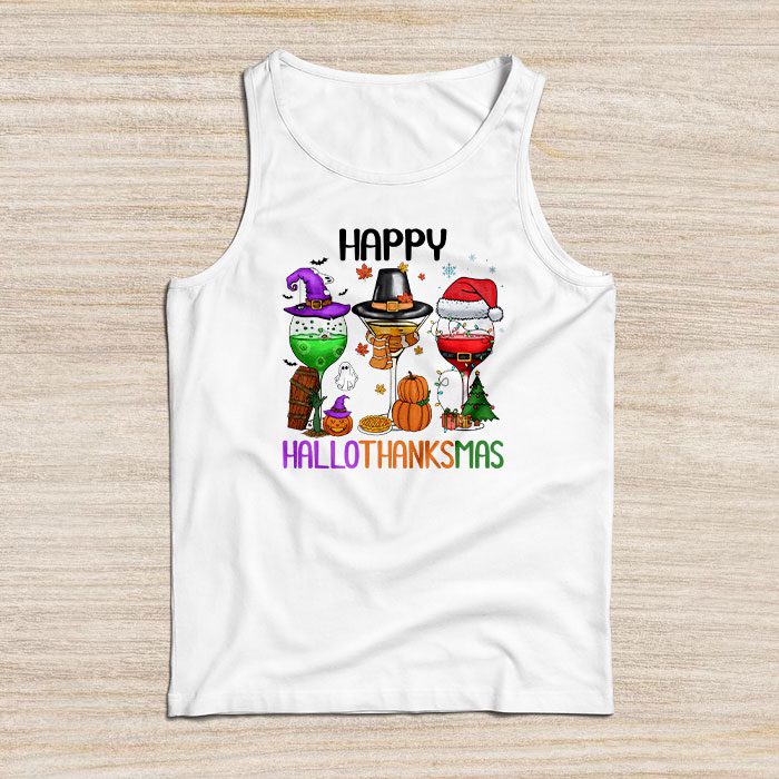 Happy Hallothanksmas Wine Glasses Witch Santa Hat Pumpkin Tank Top