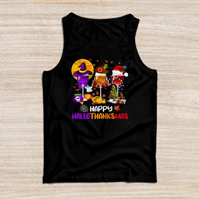 Happy Hallothanksmas Wine Glasses Witch Santa Hat Pumpkin Tank Top
