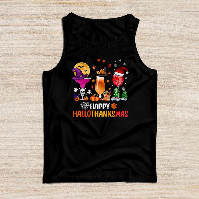 Happy Hallothanksmas Wine Glasses Witch Santa Hat Pumpkin Tank Top