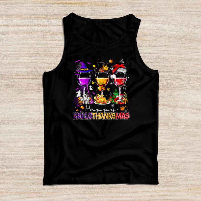 Happy Hallothanksmas Wine Glasses Witch Santa Hat Pumpkin Tank Top