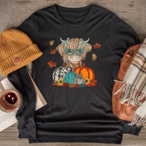 Highland Cow Fall And Leaves Pumpkins Autumn Thanksgiving Longsleeve Tee 2 1