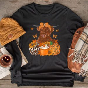 Highland Cow Fall And Leaves Pumpkins Autumn Thanksgiving Longsleeve Tee 2 2