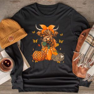 Highland Cow Fall And Leaves Pumpkins Autumn Thanksgiving Longsleeve Tee 2 3