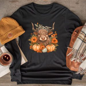 Highland Cow Fall And Leaves Pumpkins Autumn Thanksgiving Longsleeve Tee 2