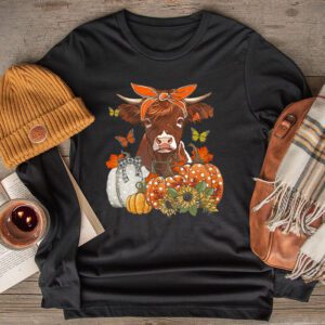 Highland Cow Fall And Leaves Pumpkins Autumn Thanksgiving Longsleeve Tee 2 4