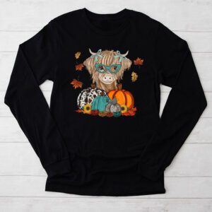 Highland Cow Fall And Leaves Pumpkins Autumn Thanksgiving Longsleeve Tee