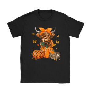 Highland Cow Fall And Leaves Pumpkins Autumn Thanksgiving T-Shirt