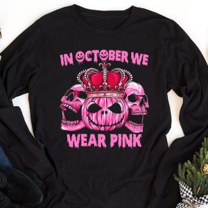 In October We Wear Pink Breast Cancer Pumpkin Halloween Longsleeve Tee 1