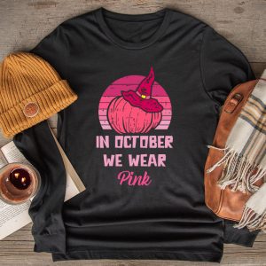 In October We Wear Pink Breast Cancer Pumpkin Halloween Longsleeve Tee 2 3