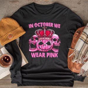 In October We Wear Pink Breast Cancer Pumpkin Halloween Longsleeve Tee 2