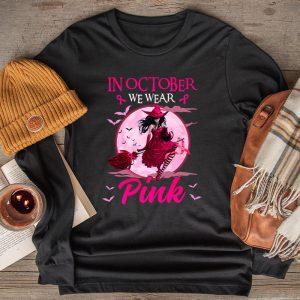 In October We Wear Pink Ribbon Witch Halloween Breast Cancer Longsleeve Tee 2