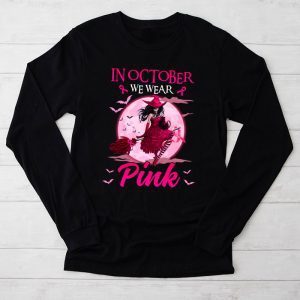 In October We Wear Pink Ribbon Witch Halloween Breast Cancer Longsleeve Tee