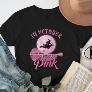 In October We Wear Pink Ribbon Witch Halloween Breast Cancer T Shirt 1 1