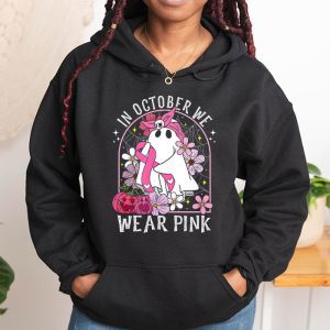 Pumpkin Breast Cancer Warrior In October We Wear Pink Ghost Hoodie 1