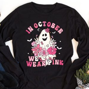 Pumpkin Breast Cancer Warrior In October We Wear Pink Ghost Longsleeve Tee 1 2