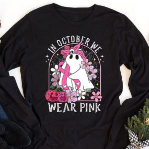 Pumpkin Breast Cancer Warrior In October We Wear Pink Ghost Longsleeve Tee 1