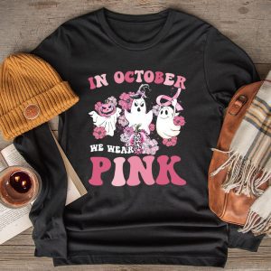 Pumpkin Breast Cancer Warrior In October We Wear Pink Ghost Longsleeve Tee 2 1