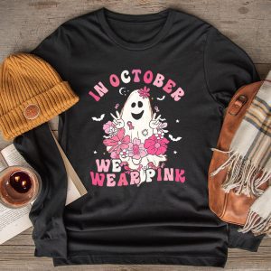 Pumpkin Breast Cancer Warrior In October We Wear Pink Ghost Longsleeve Tee 2 2