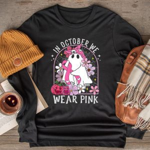 Pumpkin Breast Cancer Warrior In October We Wear Pink Ghost Longsleeve Tee 2