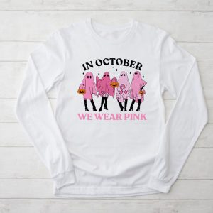 Pumpkin Breast Cancer Warrior In October We Wear Pink Ghost Longsleeve Tee 2 4