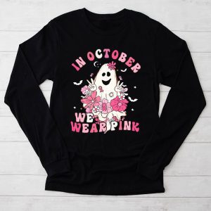 Pumpkin Breast Cancer Awareness In October We Wear Pink Ghost Perfect Longsleeve Tee