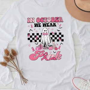 Pumpkin Breast Cancer Awareness In October We Wear Pink Ghost Perfect Longsleeve Tee