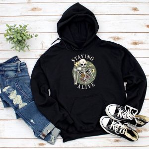 Retro Groovy Skeleton Staying Alive Coffee Halloween Hippie Hoodie 1 3