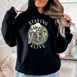 Retro Groovy Skeleton Staying Alive Coffee Halloween Hippie Hoodie 2 3