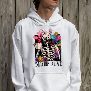 Retro Groovy Skeleton Staying Alive Coffee Halloween Hippie Hoodie 2