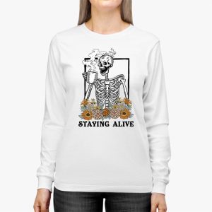 Retro Groovy Skeleton Staying Alive Coffee Halloween Hippie Longsleeve Tee 2 1