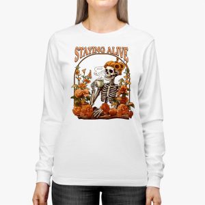 Retro Groovy Skeleton Staying Alive Coffee Halloween Hippie Longsleeve Tee 2 2